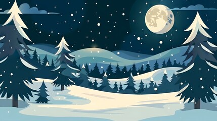 A serene winter night with snowflakes and a full moon