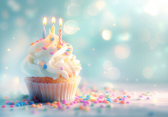 A cupcake with three lit candles on top of it. The cupcake is decorated with colorful sprinkles. Concept of celebration and joy, as the candles represent a birthday or special occasion