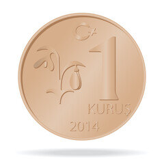 1 Kurus of Turkey, a coin in vector style on a white background, 3d