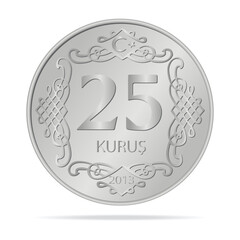 25 Kurus of Turkey, a coin in vector style on a white background, 3d