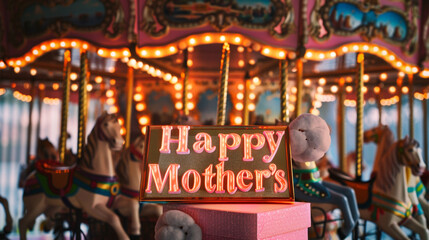 Happy Mother's Day on a carnival carousel background with a cotton candy pink gift box. Shiny text word colors.