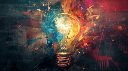  painting of a light bulb against a colorful background.