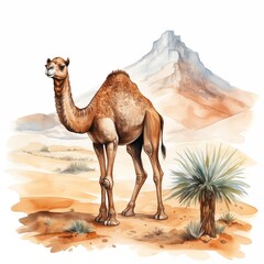 Camel. Camel in desert clipart. Watercolor illustration. Generative AI. Detailed illustration.