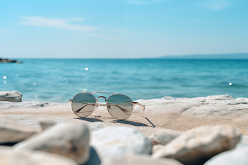 A pair of sunglasses is sitting on a beach near the water. The scene is calm and peaceful, with the ocean as the backdrop. The sunglasses are a symbol of relaxation and leisure