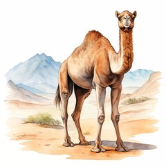 Camel. Camel in desert clipart. Watercolor illustration. Generative AI. Detailed illustration.