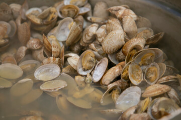 Seafood shell and fish cooked on a grill at the Osaka fish market in Japan.