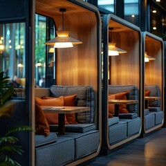 Private booths in coworking hub, focused oneonones, quiet background, productive afternoon , closeup