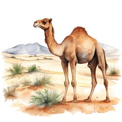 Camel. Camel in desert clipart. Watercolor illustration. Generative AI. Detailed illustration.