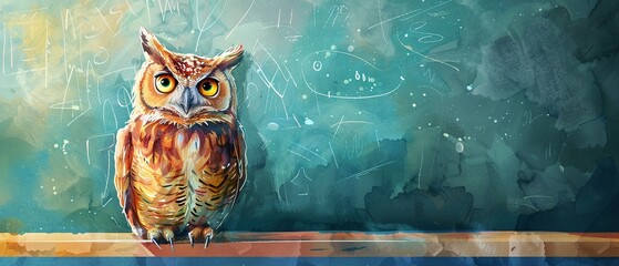 Charming watercolor scene, owl teacher in uniform, chalkboard background, vibrant classroom, sunny day , illustration
