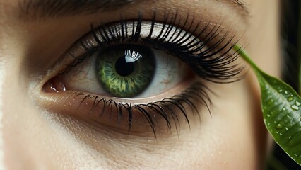 Close up view of beautiful female eye with natural makeup and green leaves