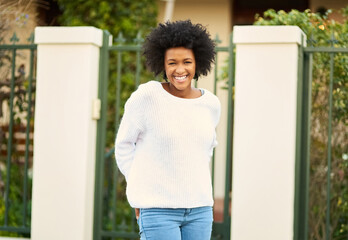 Portrait, smile and black woman on street of neighborhood with new home, property or real estate....