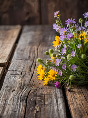Country Chic, Embrace the Beauty of Wildflowers on a Rustic Wooden Table Background.