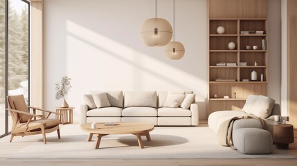 Modern interior japandi style design livingroom. Lighting and sunny scandinavian apartment with plaster and wood. 3d render illustration.