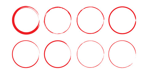 Red circle line hand drawn set. Highlight hand drawing circle isolated on background. Round handwritten circle. For marking text, note, mark icon, number, marker pen, pencil and text check, vector