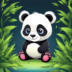 panda with bamboo leaves plant, cute panda cartoon with big eyes, isolated in white background sharp detailed illustration