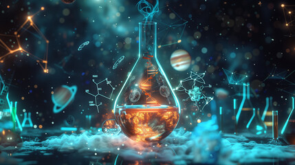 Surreal Cosmic Laboratory with Beakers Among Stars and Planets