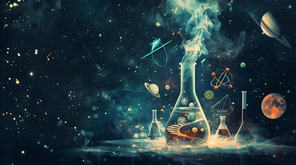 Surreal Cosmic Laboratory with Beakers Among Stars and Planets