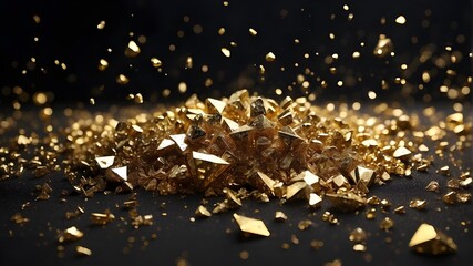 diamonds and gold particles fall down from top to bottom and gold dust flying, front facing camera, very dark mode,