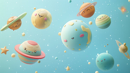 Adorable Cartoon Planets with Faces Floating in a Starry Outer Space