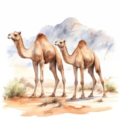 Camels. Camel in desert clipart. Watercolor illustration. Generative AI. Detailed illustration.