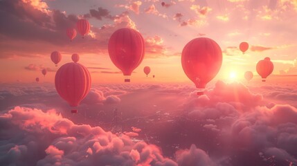 Breathtaking view of numerous hot air balloons soaring in the vibrant sunset sky among clouds - Powered by Adobe