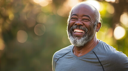 Portrait of a happy senior African American man running outdoors, wearing a t-shirt and smartwatch on his wrist, enjoying a sport activity for good health at the park. Eldery man running outdoors, hea