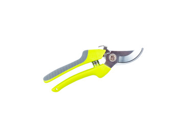 Steel gardening secateurs, scissors tool with green grip for pruning of plants and flowers, garden work, isolated on white background. Close state. Top view.