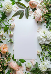 a white card with flowers on it is on a floral background.