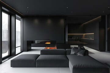 A modern minimalist interior in monochrome black, with geometric shapes and stark contrasts