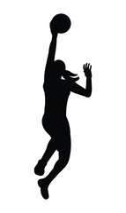 Black silhouette of a women's basketball girl player who jumps high to shoot the ball into the hoop