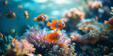 Obraz premium A group of orange fish swimming in a coral reef