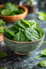Fresh green spinach leaves in a ceramic bowl on the table in a kitchen.