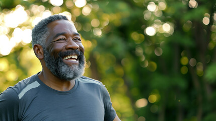 Portrait of a happy senior African American man running outdoors, wearing a t-shirt and smartwatch on his wrist, enjoying a sport activity for good health at the park. Eldery man running outdoors, hea