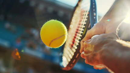 Close up of man playing tennis and beating the ball with a racket