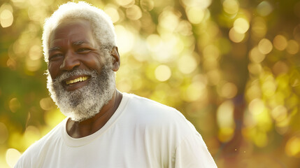 Portrait of a happy senior African American man running outdoors, wearing a t-shirt and smartwatch on his wrist, enjoying a sport activity for good health at the park. Eldery man running outdoors, hea