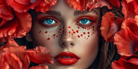 A woman with red hair and blue eyes is wearing red lipstick