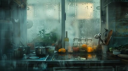 A kitchen scene through frosted glass, with cooking utensils and vegetables softly blending into an indistinct still life