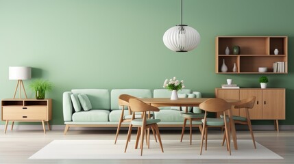 Mint color chairs at round wooden dining table in room with sofa and cabinet near green wall