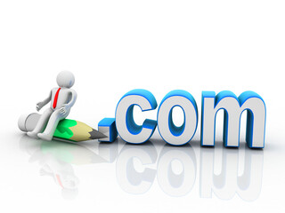 3d illustration student in pencil near dot com sign