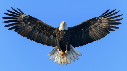 Obraz premium Majestic Bald Eagle Soaring in Clear Blue Sky