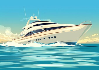Luxury Yacht Cruising on the Ocean with Beautiful Sunset Sky