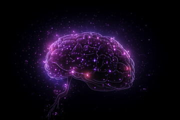 A glowing purple brain with dots and lines, vector illustration in the style of flat design