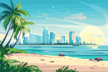 Fototapeta premium Ocean beach with small island, Tropical beach with city landscape background, Tropical beach, Sea beach, Summer sea scape, Tropical summer beach landscape vector illustration