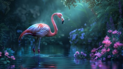 Pink Flamingo Standing in Misty Tropical Waters