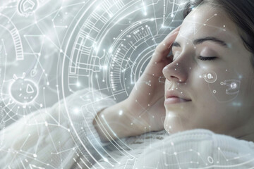 Woman, face and relax in skincare technology on mockup space in hygiene, dermatology or skin map.