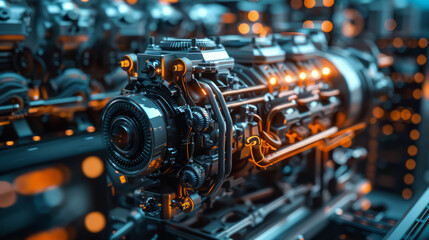 Fototapeta premium A highly detailed depiction of a futuristic engine with integrated camera and glowing elements, evoking advanced technology.