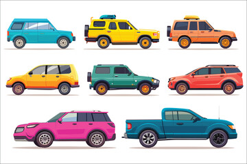 Naklejka premium Automobile toy cars illustration with multiple colorful vehicle types on a white background for transport concept design