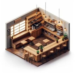3D isometric illustration of a modern coffee shop with wooden interiors and ambient lighting sets a cozy mood, sharpen banner with space for text