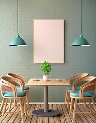Frame mockup, room interior with table and wooden chairs, illustration style, 3d render