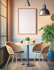 Frame mockup, room interior with rattan chairs and table, illustration style, 3d render